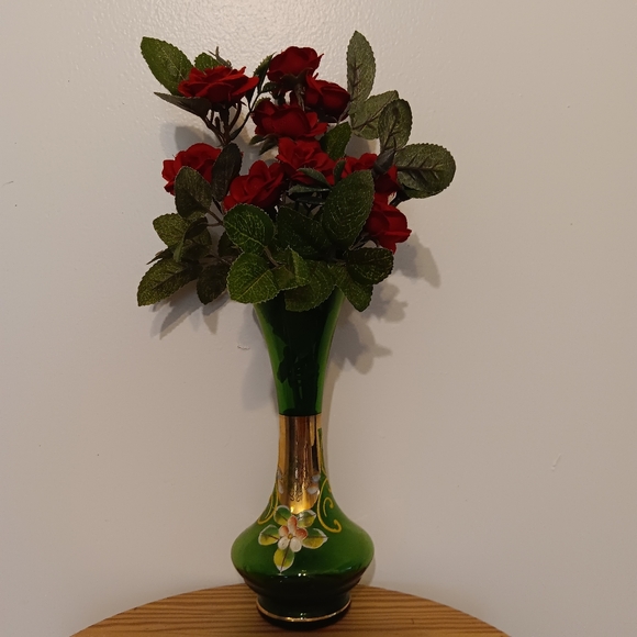 Vintage Bohemian Green Glass Bud Vase with hand painted Floral & Gold Design 8" - Picture 5 of 5